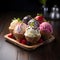 Ice cream scoops in waffle cones with berries and mint on wooden background
