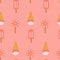 Ice cream seamless pattern. A ball of vanilla ice cream with syrup in a waffle cone and orange ice. Design for fabric, textile