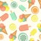 Ice cream seamless pattern. Delicious sweet desserts. Colorful summer background. Vector illustration. Ice lolly