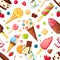 Ice cream seamless pattern. Vanilla sundae with caramel topping. Frozen yogurt, fruit ice popsicles. Cold summer