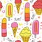 Ice cream seamless vector pattern. Hand drawn cute Popsicles and sprinkles in pink red orange and yellow on a background