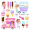 Ice cream sellers. Cute kids with sweets tray and van. Cartoon young businessman selling different types of yummy snacks. Festival