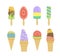 Ice cream set. Cone. Stick. Soft serve. Popsicle. Flat, cartoon, vector