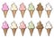 ice cream - set of soft serve ice creams with different flavours in a cone, color vector illustration isolated on white