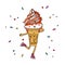 Ice cream in the shape of a fox`s head in a waffle cup, rolling on skates. The concept of a New Year`s cool amazing character