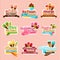 Ice cream sorts stickers vector icons set for cafe