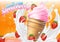 Ice cream strawberry cone dessert vector realistic illustration