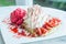 Ice cream strawberry crepe and creamy topping dessert