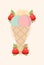 Ice cream with strawberry and mint flavor in wafer cone with strawberries, mint leaves