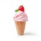 Ice cream strawberry scoop on waffle cone on white background. generative ai