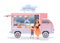 Ice cream street market food truck, mother buying child ice cream in kiosk marketplace