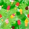 Ice Cream and tropical leaves seamless pattern in trandy paper cut style.. Tasty summer bright icecream stick on white