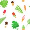 Ice Cream and tropical leaves seamless pattern in trandy paper cut style. Tasty summer bright icecream stick on white