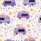 Ice cream trucks summer bright seamless pattern, surrounded by lovely smiling suns, flowers and ice cream