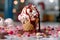 ice cream in waffle cone with chocolate topping and sprinkles on table