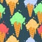 Ice cream in waffle cone seamless pattern. Cold dessert texture.