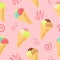 ice cream in waffle cone seamless pattern. hand drawn doodle. vector, cartoon. wallpaper, textiles, fabric, wrapping