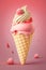 ice cream in Waffle cone sundae scoops with chocolate sauce, Vanilla, Strawberry, Delicious cream dessert