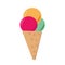 Ice cream in a waffle cone. three multi-colored balls. single element in flat style, sweet dessert