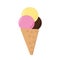 Ice cream in a waffle cone. three multi-colored balls. single element in vector flat style, sweet dessert