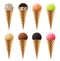 Ice cream in waffle cones realistic vector icons