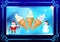 Ice Cream in waffle cups, Santa Claus and snowman in a beautiful frame, on a transparent plate, prism on a dark blue background