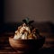 Ice cream with walnuts in a wooden bowl, selective focus, Summer vanilla dairy dessert, generative ai