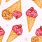 Ice cream. Watercolor seamless pattern with ice cream in a conical crispy waffle. Strawberry ice cream. Summer dessert