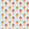 Ice cream. Watercolor seamless pattern with ice cream in a conical crispy waffle. Strawberry ice cream. Summer dessert