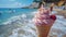 Ice creams on beach and shells with ocean landscape