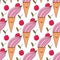 Ice creams with cherries pattern. Seamless summer background. Ice cream cones and red cherry print. Childish textile design