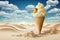 Ice creams cones and seashells in the sand on the beach with ocean landscape.Generative AI