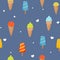 Ice creams seamless pattern. Summer holidays with popsicles, ice cream cones frozen dessert. Cartoon sweet food vector