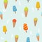 Ice creams seamless pattern. Summer holidays with popsicles, ice cream cones frozen dessert. Cartoon sweet food vector