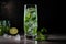 ice cubes clinking in tall glass with mojito mix and fresh mint leaves