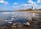 Ice drift on Dnieper river in Cherkasy city, Ukraine at sunny spring day