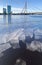 ice drift, spring ice on the Daugava river in Riga, Latvia, selective focus