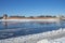 Ice drift on the Volkhov River near the Kremlin walls. Veliky Novgorod, Russia