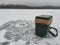 Ice fishing. Winter fishing. Plastic box