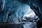 ice formations in a frozen glacier cave