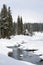 Ice free snow-bound mountain river in winter