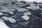 Ice on frozen river, closeup macro detail, water flows below, long exposure photo