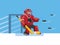 Ice hockey goalie try to catch many puck, hockey keeper character in ice hockey sport game with blue background in cartoon flat il