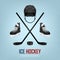 Ice hockey helmet, puck, sticks and skates.