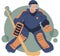 Ice hockey player flat vector illustration. Adult young man in uniform holding hockey stick cartoon character. Professional
