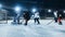 Ice Hockey Rink Arena: Professional Forward Player Breaks Defense, Hitting Puck with Stick to Score