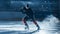 Ice Hockey Rink Arena: Professional Player Training Alone. Skates, Practices Shooting, Hitting