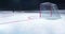 Ice hockey stadium behind goal gate illuminated view with blinking camera flashes