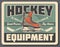 Ice hockey stick, puck and skate. Sport equipments