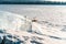 Ice hummocks on a frozen river. Huge chunks of ice close-up. Winter background